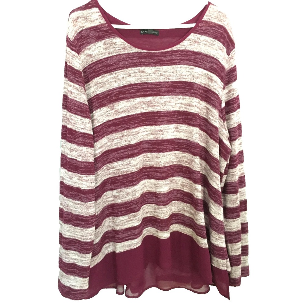 Lane Bryant Sweater Womens 22/24 Burgundy Gray Stripe Chiffon Hem Long Sleeve